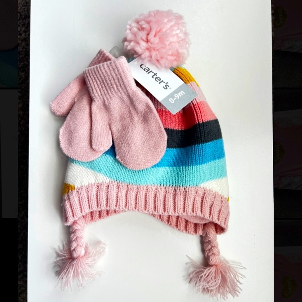 Carter’s Hat & Mitten set | Baby Size 0-9 months | Cute Multicolored Accessories